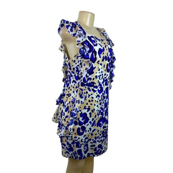 Julie Brown NYC Leopard Print Ruffle Sleeveless Shift Dress Beige & Blue Size 6 - Picture 2 of 8